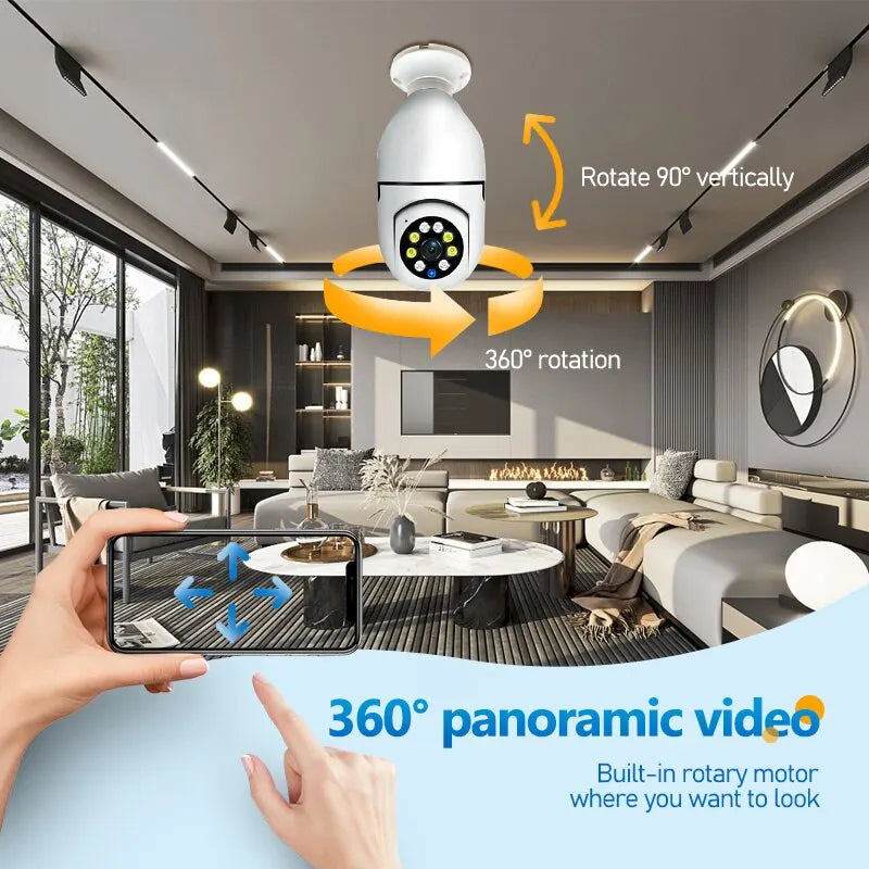 Câmera de Vigilância de Segurança Interna,+ Cartão de Memória 64 GB Visão Noturna Colorida, Rastreamento Humano Automático, Zoom, WiFi, Lâmpada 5G, E27